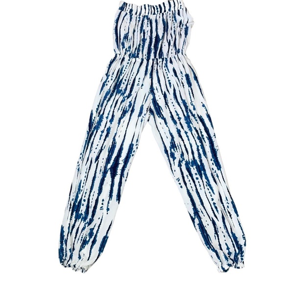 Solitaire Swim jumpsuit blue white tie dyed romper strapless elastic ankle SZ M - Picture 6 of 10